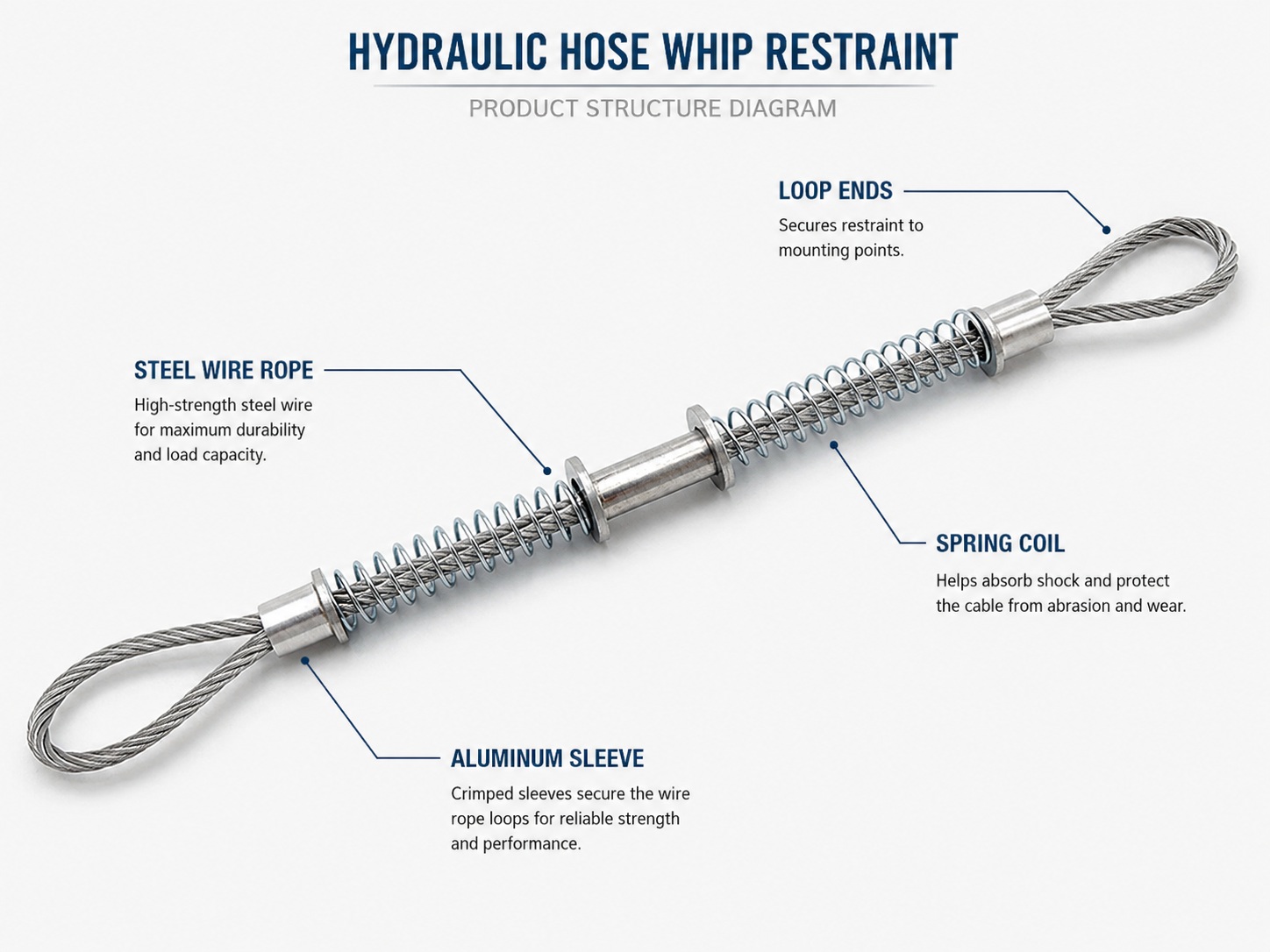 Hydraulic hose whip restraint structure with steel wire rope spring coil aluminum sleeve and loop ends