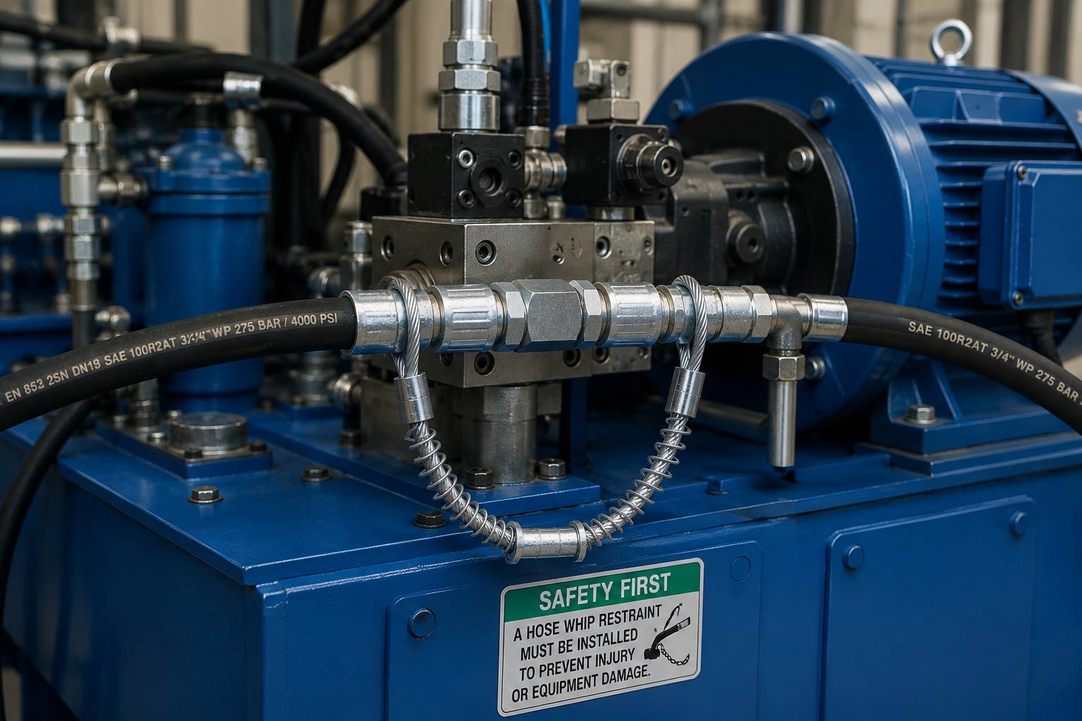 Высокий pressure hose restraint installed on industrial hydraulic power unit